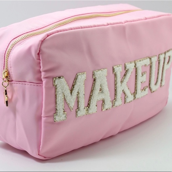 Pink Makeup Bag Cosmetic Case Chenille Letters - Picture 2 of 2
